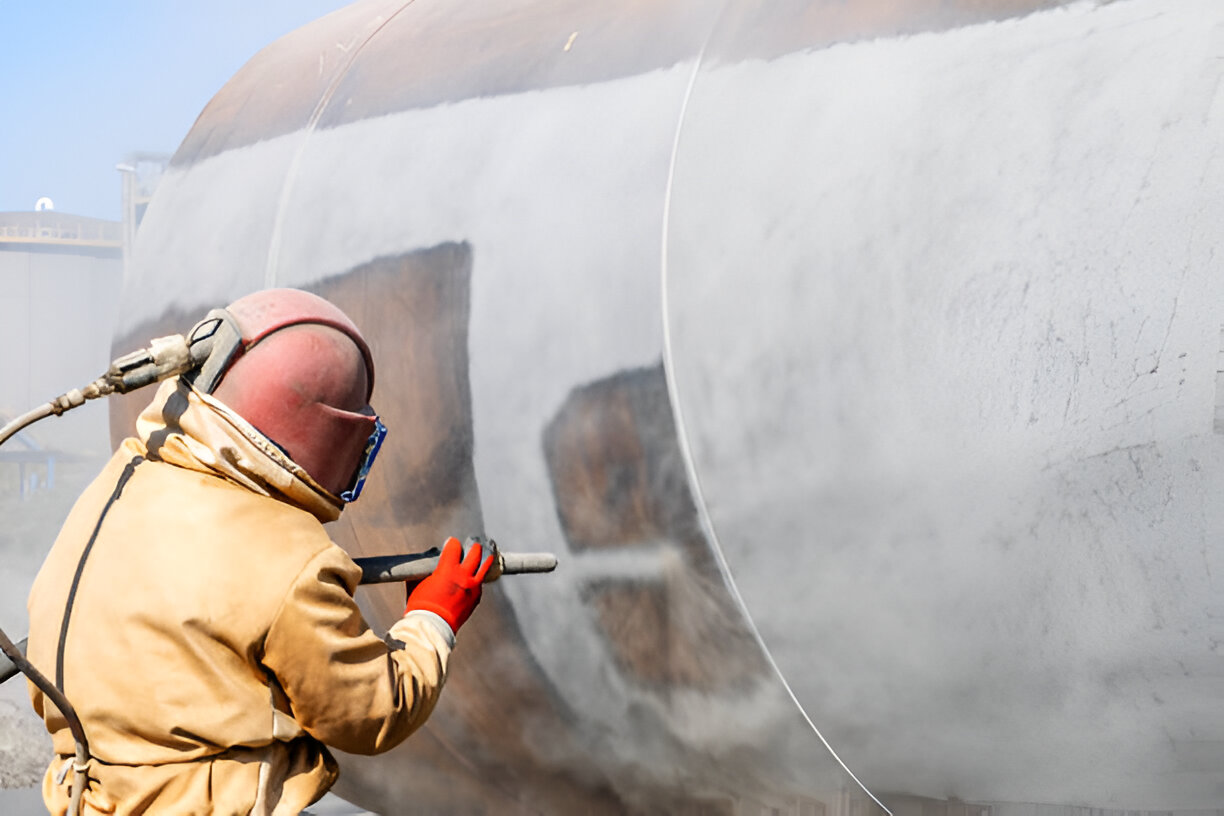 Travailleur équipé de protection individuelle effectuant une opération de sablage sur une grande surface métallique pour éliminer la rouille et les contaminants.
